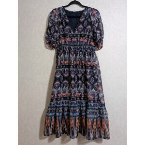 Old Navy Navy Printed Boho Pockets Puff Sleeve Waist Defined V-Neck Midi Dress M